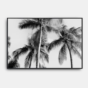 Impresiones de playa en blanco y negro, arte imprimible de palmeras, playa de California, arte de pared en blanco y negro, cartel del océano tropical