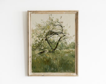 Vintage Printable Wildflower Field, Tree Blossom Vintage Print, Warm Tone Wall Art, Antique Countryside Digital