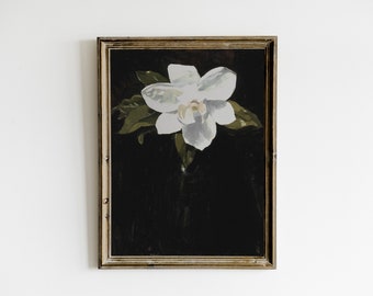 Dunkle Magnolie, dunkle Academia Dekor Malerei, grüne Vintage druckbare Wandkunst, stimmungsvoller Blumendruck, botanischer Goth Druck