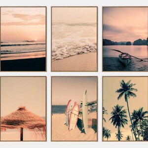 Sunset Coastal Print Pastel, Palm Tree Printable Art, Surfboard Print, Summer Waves Print, Modern Coastal, 6 Piece Wall Art