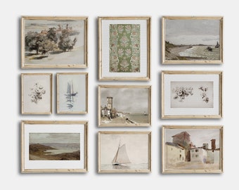 Vintage Printable Gallery Wall Art Set Of 10, Antique Nautical Sailboat Prints, Vintage Seascape Coastal Oil Painting