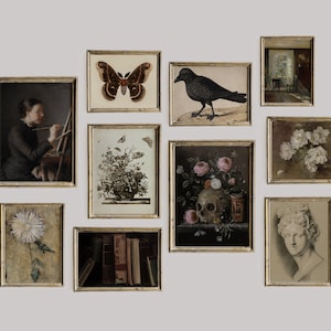 Dark Academia Decor Set, Dark Vintage druckbare Kunst, Wandkunst Set von 10, stimmungsvolle viktorianische Malerei, Schmetterling, Blumen