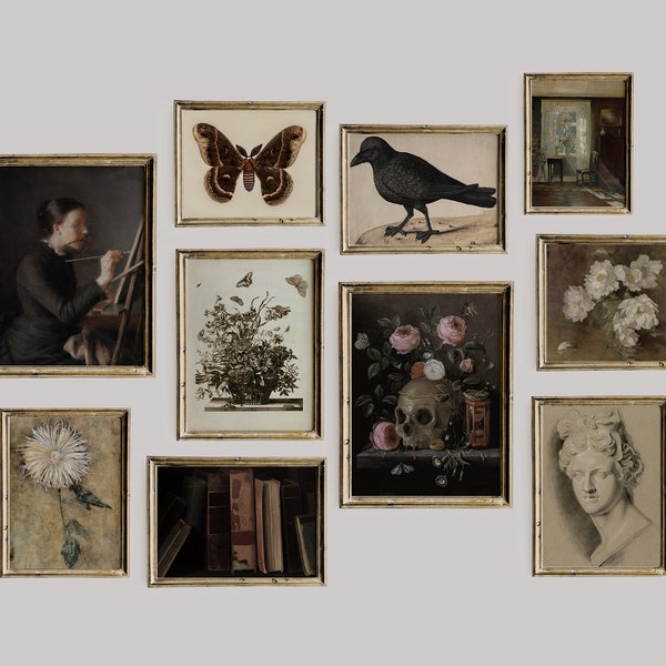 Dark Academia Decor Set, Dark Vintage Printable Gallery Wall Art Set Of 10, Moody Victorian Painting, Butterfly, Florals