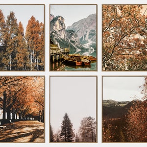 Conjunto imprimible del lago del paisaje de otoño, conjunto de arte de pared de la galería de otoño de 6, cartel del bosque de otoño, impresiones del lago de la naturaleza de otoño
