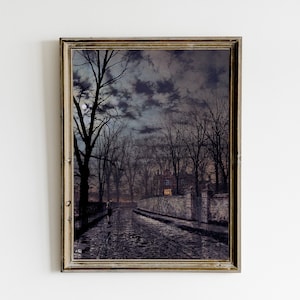 Moonlit Landscape Print, Dark Vintage Printable Wall Art, Dark Academia Decor, Night Sky Painting