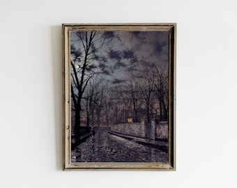 Moonlit Landscape Print, Dark Vintage Printable Wall Art, Dark Academia Decor, Night Sky Painting