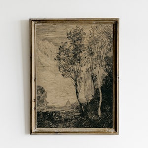 Moody Tree Sketches Print, Dark Vintage Printable Wall Art, Dark Academia Decor, Country Farmhouse Sketch