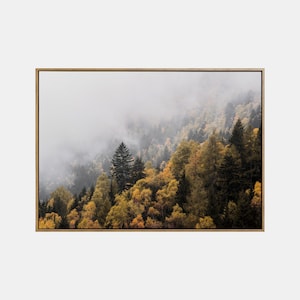 Paisaje de niebla de otoño imprimible, arte de pared de paisaje imprimible de otoño, cartel del bosque de otoño, decoración de impresión de niebla de la naturaleza de otoño