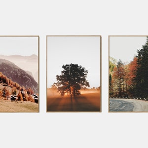 Conjunto imprimible de paisaje de otoño, conjunto de arte de pared de la galería de otoño de 3, cartel de camino en otoño, impresiones digitales de la naturaleza de otoño
