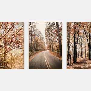 Conjunto imprimible de paisaje de otoño, conjunto de arte de pared de la galería de otoño de 3, cartel de camino en otoño, impresiones digitales de la naturaleza de otoño