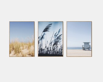 Neutral Beach Prints Set Of 3, Pampas Wall Art, Dried Grass Printable, Modern Coastal Printable, Lifeguard Poster