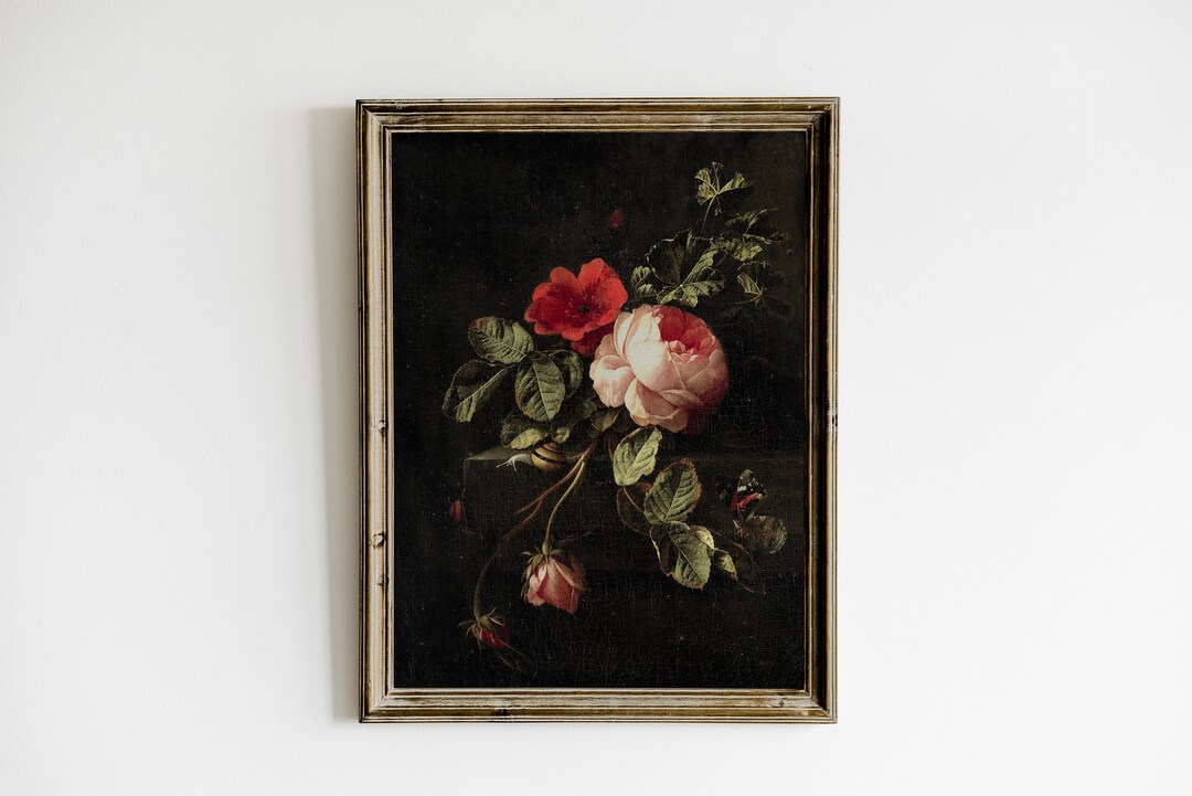 Dark Floral Still Life Oil Painting, Moody Vintage Printable Wall Art ...