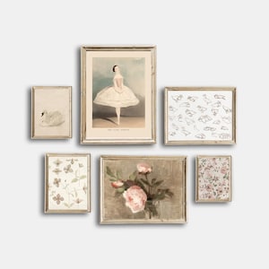 Cameretta per bambine, set di 6 stampe da parete vintage, stampe rosa tenui, fiori toni neutri, stampe antiche tenui