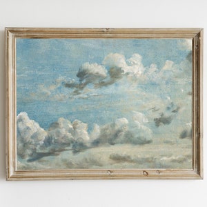 May include: A framed painting of a blue sky with white clouds. The clouds are painted in a realistic style and appear to be floating in the sky.