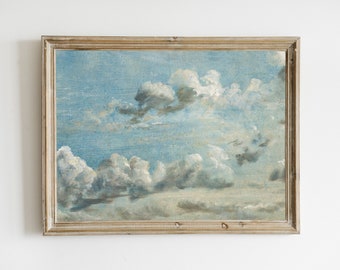 Vintage Cloud Print Painting, Light Tone Printable Wall Art, Cloud Oil Painting, Muted Vintage Sky