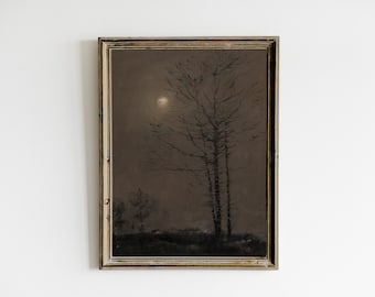 Moody Tree Digital Print, Dark Vintage Printable Wall Art, Dark Academia Decor, Moon painting