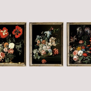 Dark Floral Still Life Oil Painting, Moody Printable Gallery Wall Art Set Of 3, Dark Academia Decor Set, Botanical Goth