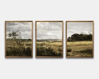 Summer Country Antique Paintings, Vintage Landscape Printable Gallery Wall Art Set Of 3, Muted Summer Prints Wall Art