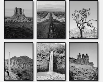 May include: A set of six black and white photographs featuring various desert landscapes. The images include a rock formation, a long road, a Joshua tree, a cactus, a waterfall, and a rock arch.
