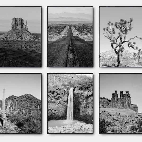 Saguaro Prints, Gallery Wall Art Set Of 6, Arizona Desert Black And White Prints, Joshua Tree Black And White Wall Art