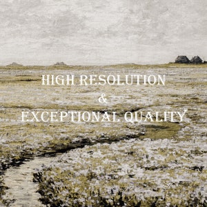 May include: A landscape photograph with a muted colour palette, featuring a grassy field with a small stream running through it. The sky is overcast and the horizon is in the distance. The text "HIGH RESOLUTION & EXCEPTIONAL QUALITY" is superimposed on the image.