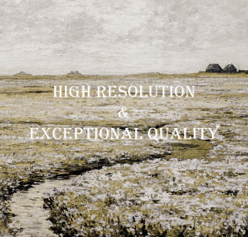 May include: A landscape photograph with a muted colour palette, featuring a grassy field with a small stream running through it. The sky is overcast and the horizon is in the distance. The text "HIGH RESOLUTION & EXCEPTIONAL QUALITY" is superimposed on the image.