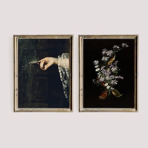 Frau viktorianischen Portrait Druck, dunkle druckbare Galerie Wand Kunst 2er Set, dunkle Academia Dekor, botanische Goth Malerei
