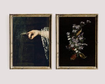 Woman Victorian Portrait Print, Dark Printable Gallery Wall Art Set Of 2, Dark Academia Decor, Botanical Goth Painting