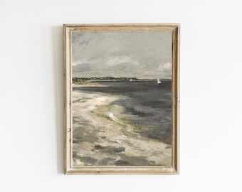 Vintage Sailboat Wall Art, Nautical Sailboat Print, Muted Nautical Seascape Painting, Antique Vintage Beach Printable