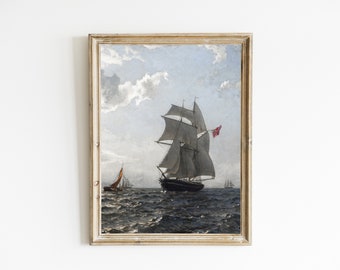Vintage Sailboat Wall Art, Nautical Sailboat Print, Muted Nautical Seascape Painting, Antique Vintage Beach Printable