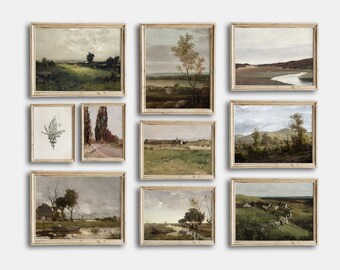 May include: A collection of nine framed landscape paintings in muted tones. The artwork depicts various rural scenes, including fields, trees, and bodies of water. The frames are a light wood color, and the overall aesthetic is vintage and rustic.