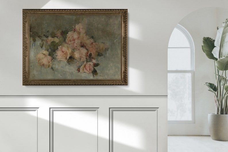 May include: A framed painting of a bouquet of pink roses with green leaves on a light blue background.