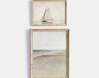 Vintage Printable Gallery Wall Art Set Of 2, Antique Nautical Sailboat Prints, Vintage Seascape Coastal Oil Painting
