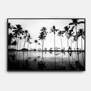 Impresiones de playa en blanco y negro, imprimible costero moderno, playa de verano de California, arte de pared en blanco y negro, cartel del océano