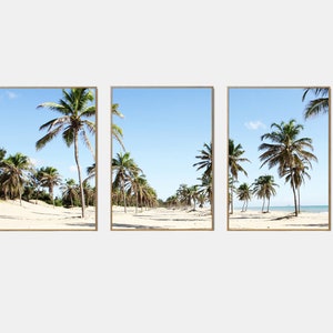 Conjunto de arte imprimible de palmeras de 3, océano pastel, arte moderno de la pared costera, cartel del océano tropical, playa de verano de California