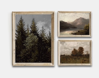 Antique Vintage Lake Coastal Painting, Rustic Printable Gallery Wall Art Set Of 3, Pine Trees Printable, Warm Prints