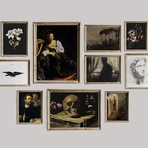 Dark Academia Decor Set, Dark Vintage Printable Gallery Wall Art Set Of 10, Moody Victorian Prints, Woman, Floral, Skull