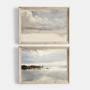 Vintage imprimible galería pared arte conjunto de 2, pintura costera del lago antiguo, pintura del lago imprimible, impresión de la nube vintage