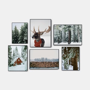 Christmas Nordic Printable, Gallery Wall Art Set Of 6, Xmas Prints, Winter Forest Poster, Reindeer Print, Pine Trees Art