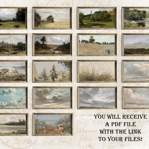 May include: A collage of 12 framed landscape paintings, each depicting a different scene, including a river, a field of flowers, a cloudy sky, and a forest. The frames are all gold and have a distressed look.
