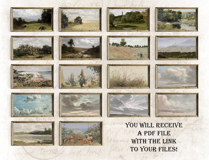 May include: A collage of 12 framed landscape paintings, each depicting a different scene, including a river, a field of flowers, a cloudy sky, and a forest. The frames are all gold and have a distressed look.