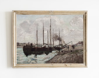 Väggkonst med vintage nautiskt fartyg, utskrivbart vintagefartyg, målning med dämpad nautisk havslandskap, antikt strandtryck