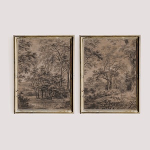 Moody Forest Landscape Painting, Dark Vintage Printable Gallery Wall Art Set Of 2, Dark Academia Decor Print Set