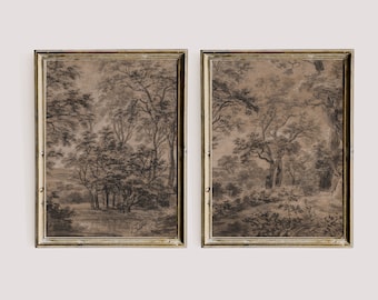 Moody Forest Landscape Painting, Dark Vintage Printable Gallery Wall Art Set Of 2, Dark Academia Decor Print Set