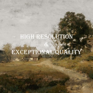 May include: A painting depicting a rural scene with a small cottage, a dirt track, and trees. The sky is overcast and the colours are muted. The text "HIGH RESOLUTION & EXCEPTIONAL QUALITY" is superimposed on the image.