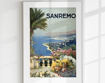 Travel Poster, Italy Print, Vintage Poster, Sanremo Printable, Digital Travel Gift, World Country Wall Art, Retro Italy
