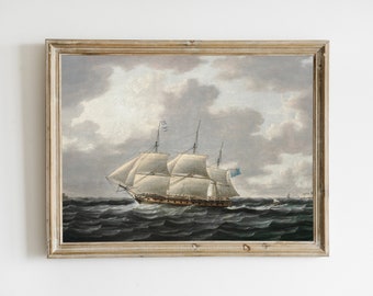 Väggkonst med vintage nautiskt fartyg, utskrivbart vintagefartyg, målning med dämpad nautisk havslandskap, antikt strandtryck