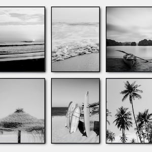 Beach Black And White Prints, Gallery Wall Art Set Of 6, Sunset Coastal Black And White Wall Art, Palm Tree Printable