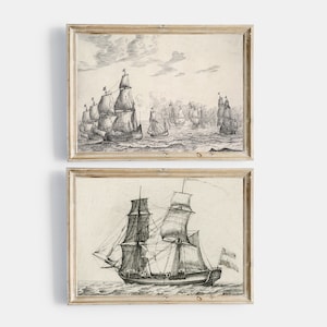Pintura costera de paisaje marino vintage, conjunto de arte de pared de galería imprimible vintage de 2, grabados de barcos antiguos, arte en blanco y negro