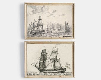 Vintage Seascape Coastal Painting, Vintage Printable Gallery Wall Art Set Of 2, Antique Ship Prints, Black And White Art